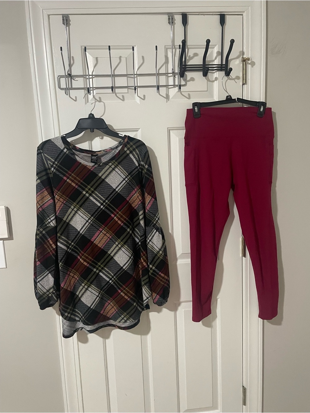 New High-Waist Magenta Leggings diagonal plaid Lildy too l/xl cell pockets